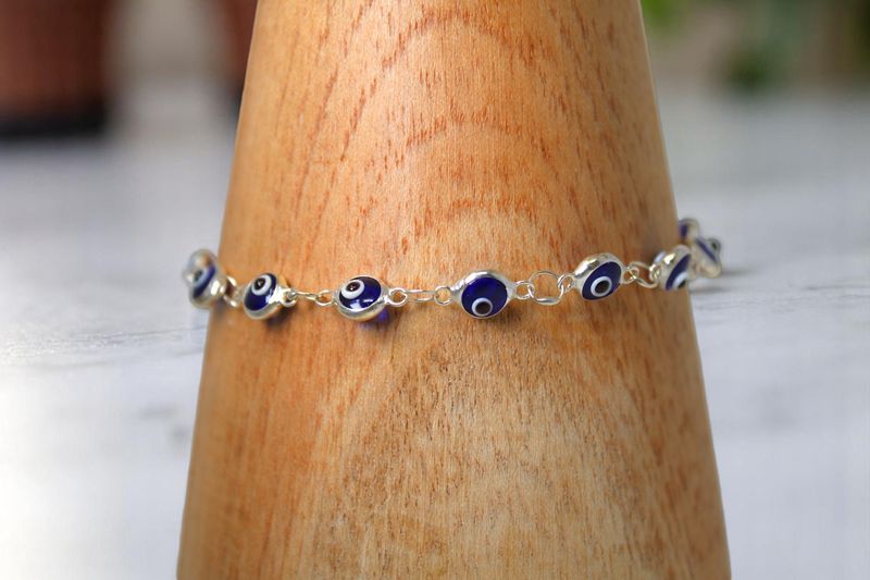 Sterling Silver Multi Evil Eye Blue Bracelet