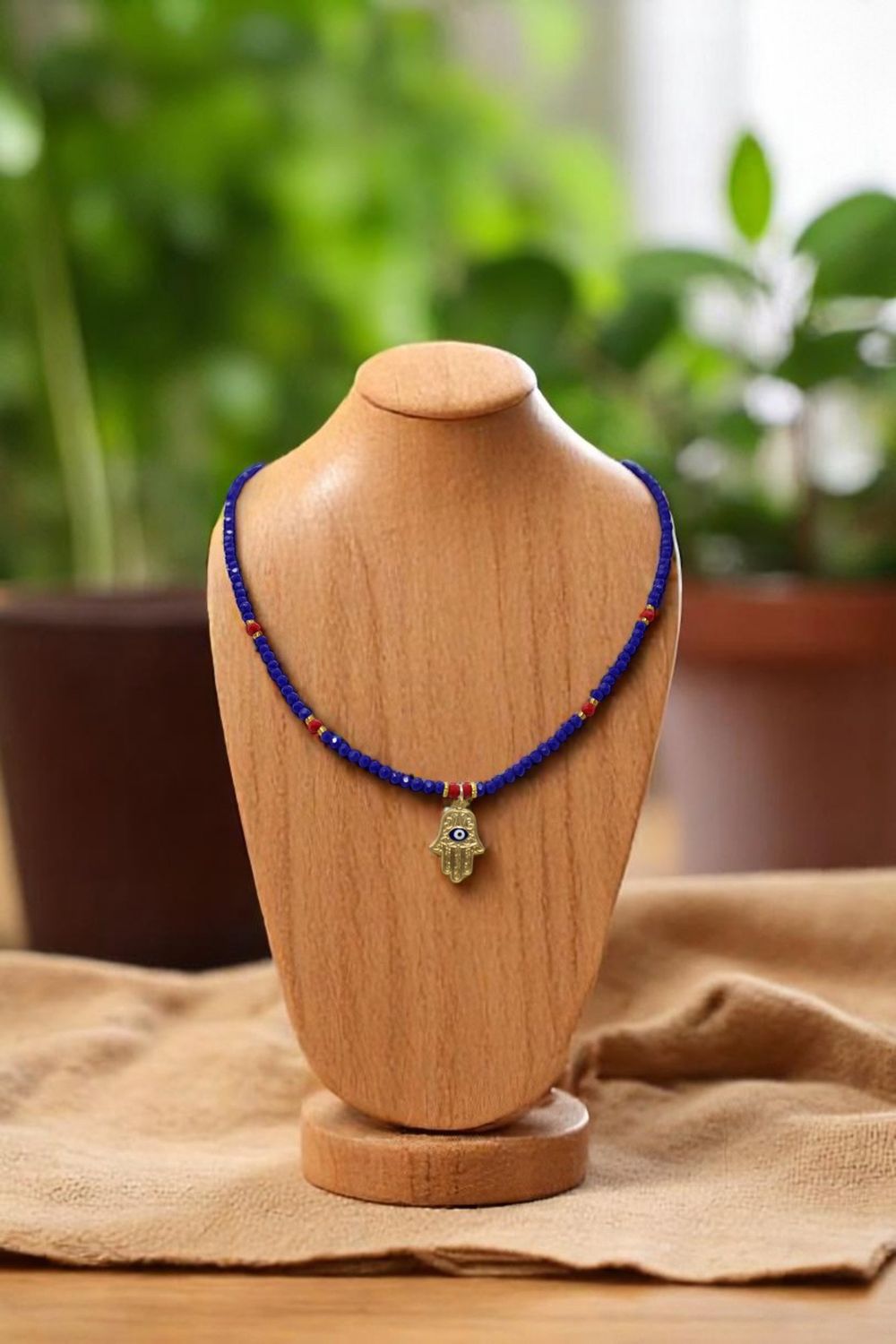 Evil Eye Necklace with Charm, Type: Blue + Hamsa
