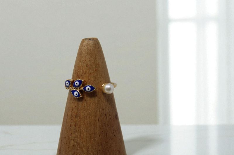 Pearl Leaf Evil Eye Ring