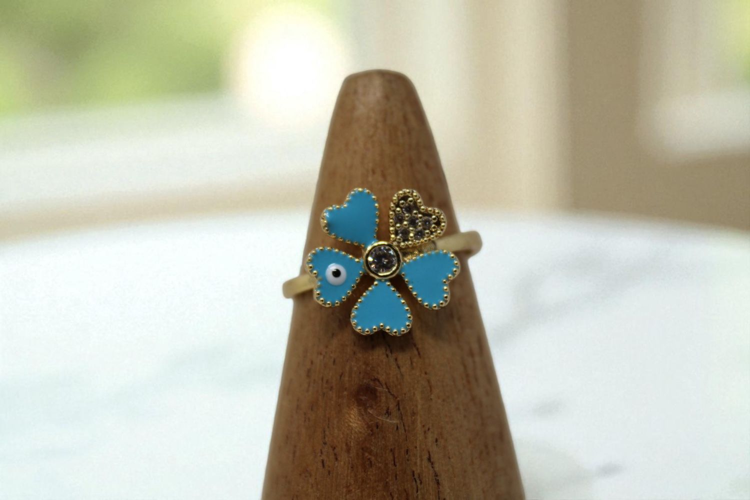 4 Leaf Clover Evil Eye Ring, Colour: White