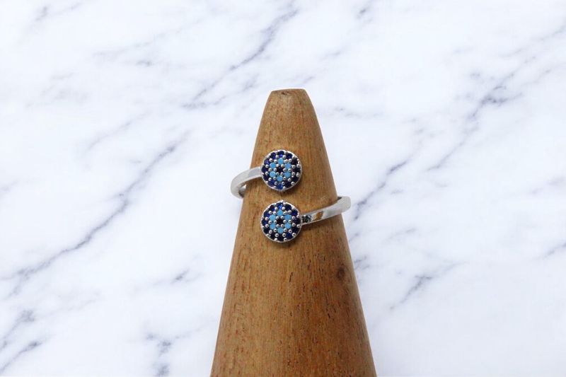 Double Evil Eye Round Wrap Ring Silver