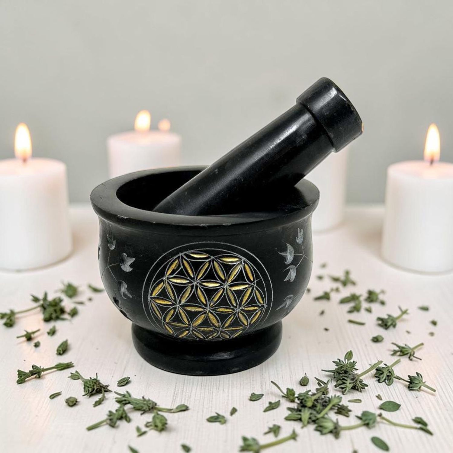 Mortar &amp; Pestle Stone Flower of Life
