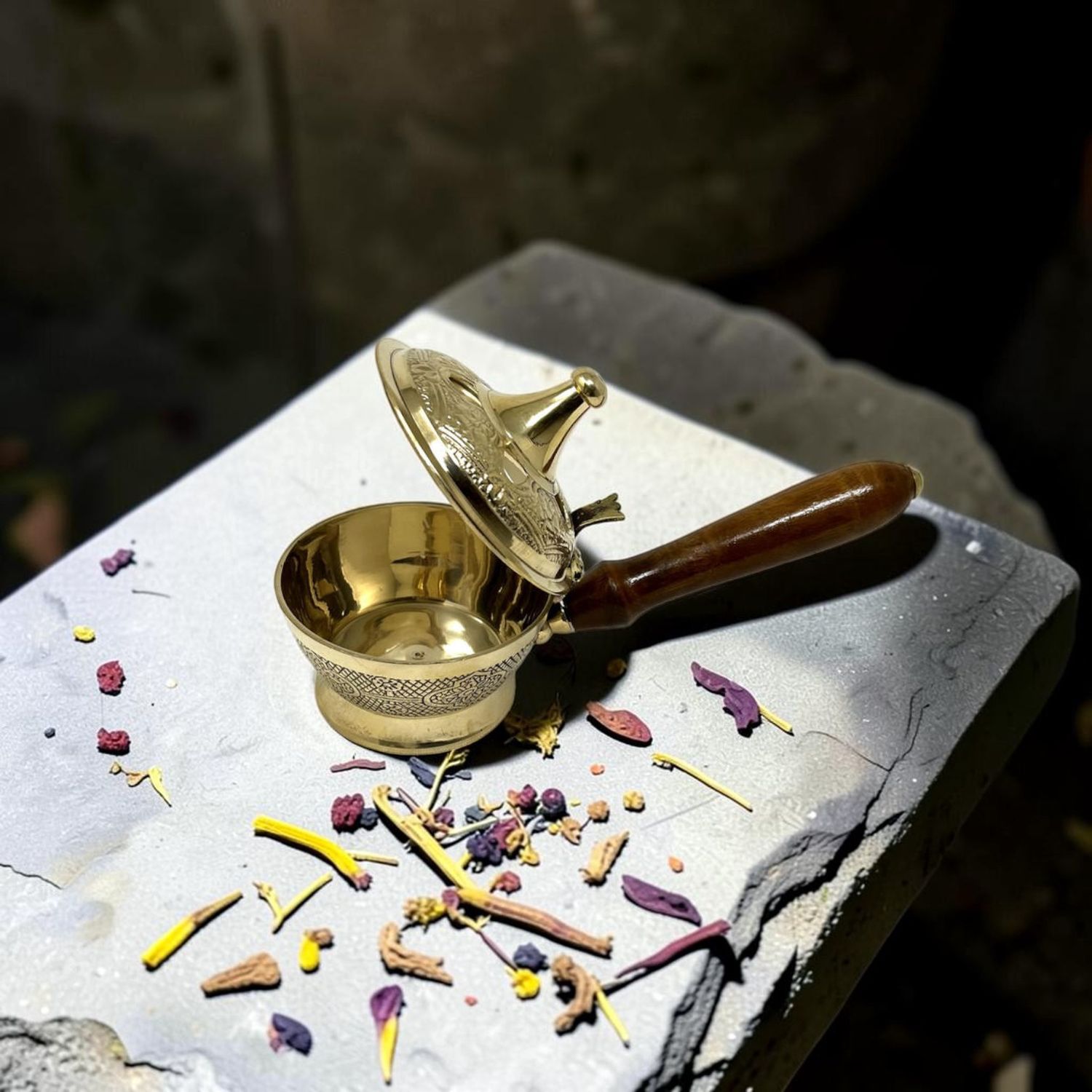 Brass Charcoal Burner with Wood Handle