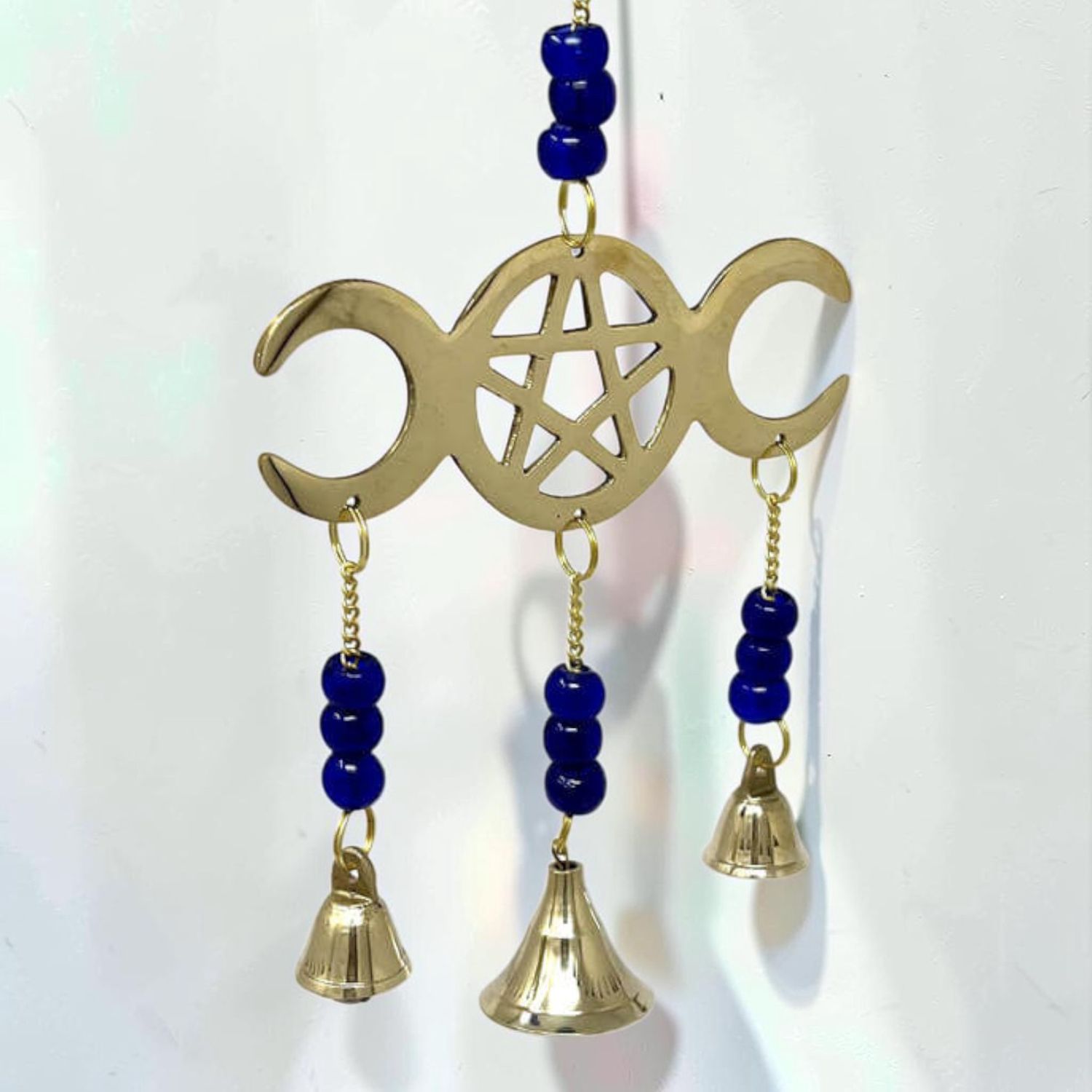 Brass Wind Chime Triple Moon Pentacle with Bells
