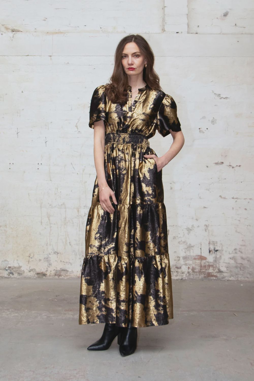 Roxy Tiered Maxi Dress, Size: Small, Colour: Paint Splash Black &amp; Gold