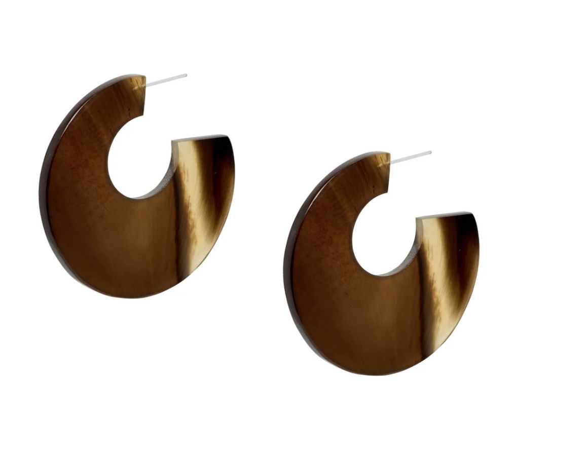 Flat Horn Hoop Earrings, Colour: Brown Natural