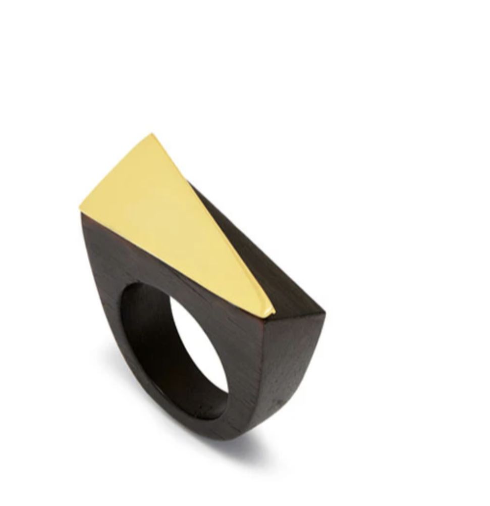Gold Black Wood Angular Ring, Size: Medium