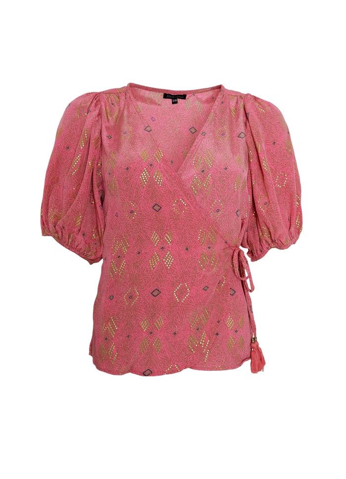 Luna Puff Sleeve Wrap Blouse, Colour: Argyle Pink, Size: S/M