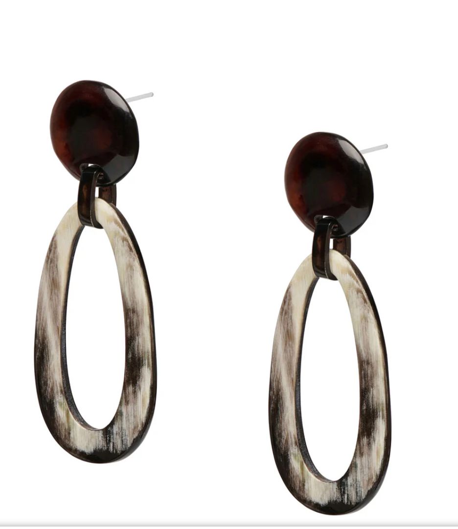 Oval Link Horn Drop Earrings, Colour: Black Natural