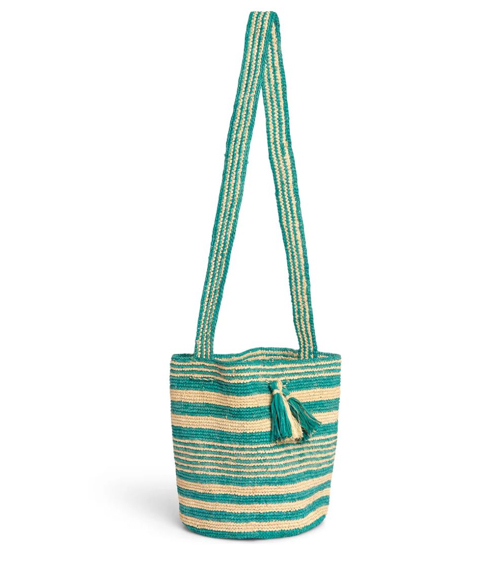Raffia Cross Body Stripe Bag, Colour: Green/Natural