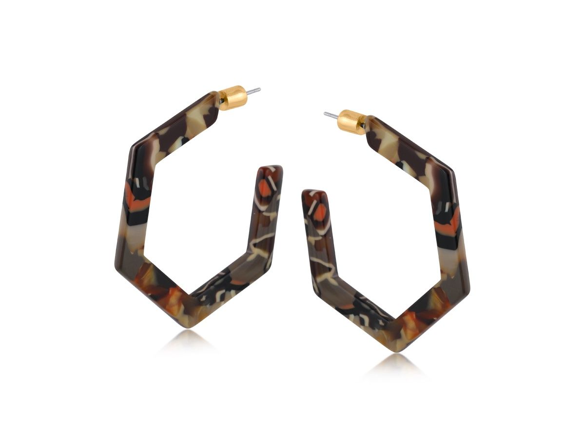 Hortense Statement Hexagon Hoops, Colour: Black, Orange &amp; Taupe