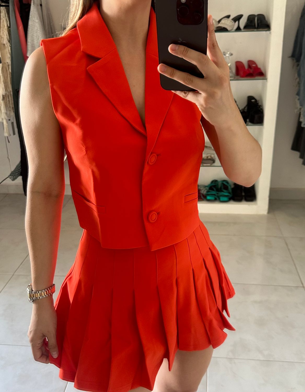 Traje Vestir Falda tableada & chaleco Traje Vestir Falda tableada & chaleco