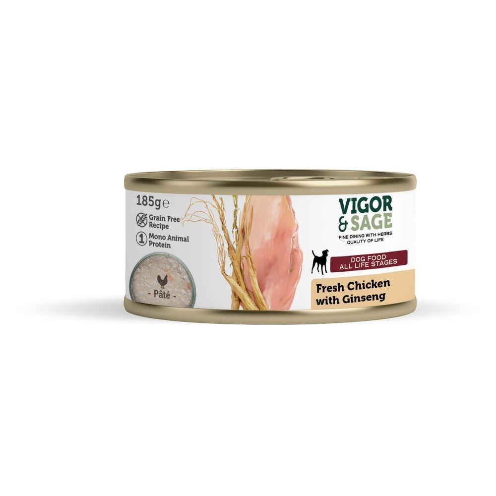 VIGOR & SAGE Aliment humide Poulet Ginseng pour chien adulte boîte 185gr