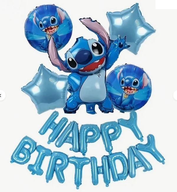 5 HELIUM BALLOONS STITCH +HAPPY BIRTHDAY BANNER