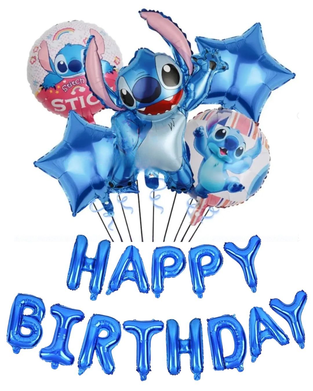 5 HELIUM BALLOONS STITCH +HAPPY BIRTHDAY BANNER