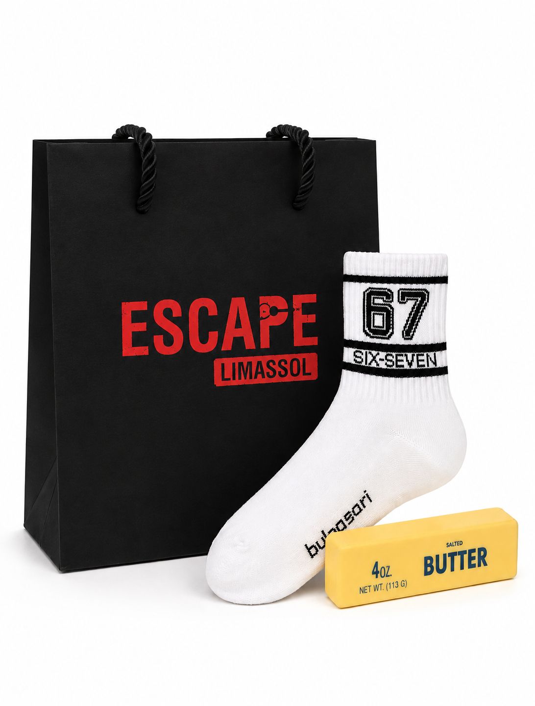 GIFT BAG WITH BUTTER SQUISHY AND 1 PAIR 67 SOCKS