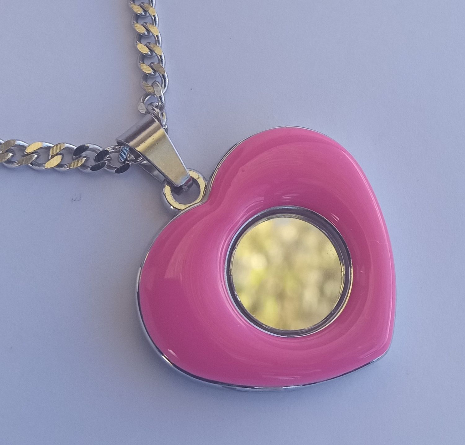 Glossy Pink Heart Mirror Necklace