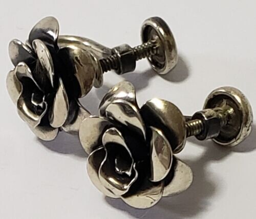 Estate Vintage Signed Sterling Silver 3D Floral Rose Clip On Earrings