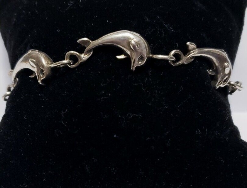 Estate Vintage Stunning 3D Sterling Silver Dolphins Link Bracelet 7