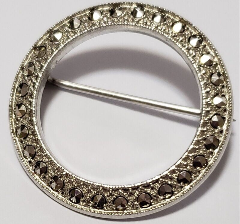 Vintage Hand Engraved Sterling Silver Marcasite Circle Brooch Pin