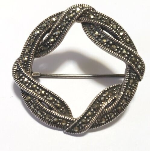 Vintage Sterling Silver Marcasite Love Knot Brooch Pin 1.5"
