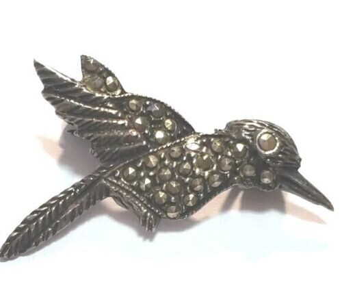 Vintage Sterling Silver Marcasite Hummingbird Brooch Pin