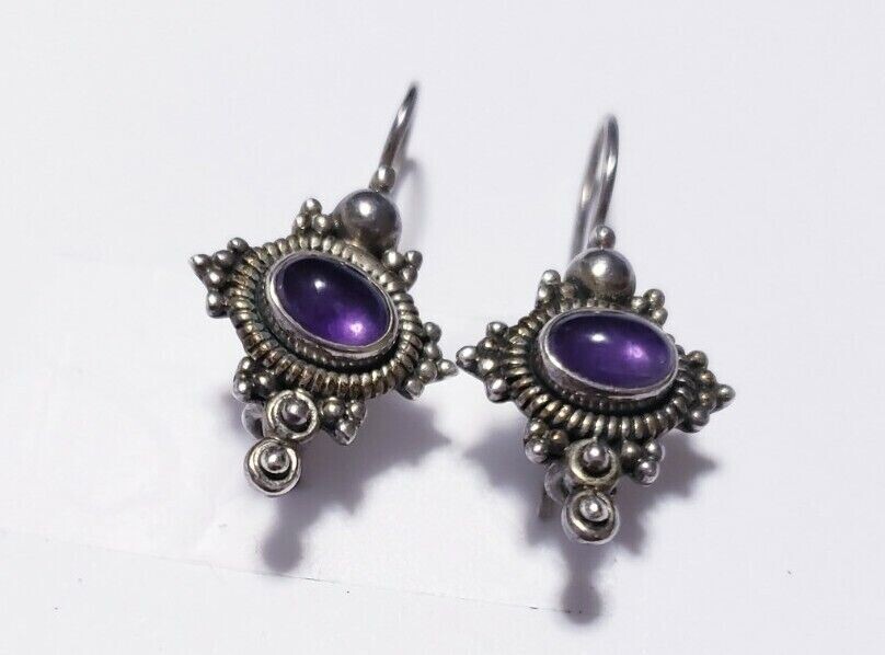 Greco-Roman Revival Vintage Estate Sterling Silver Beaded Cabochon Amethyst Dangle Earrings