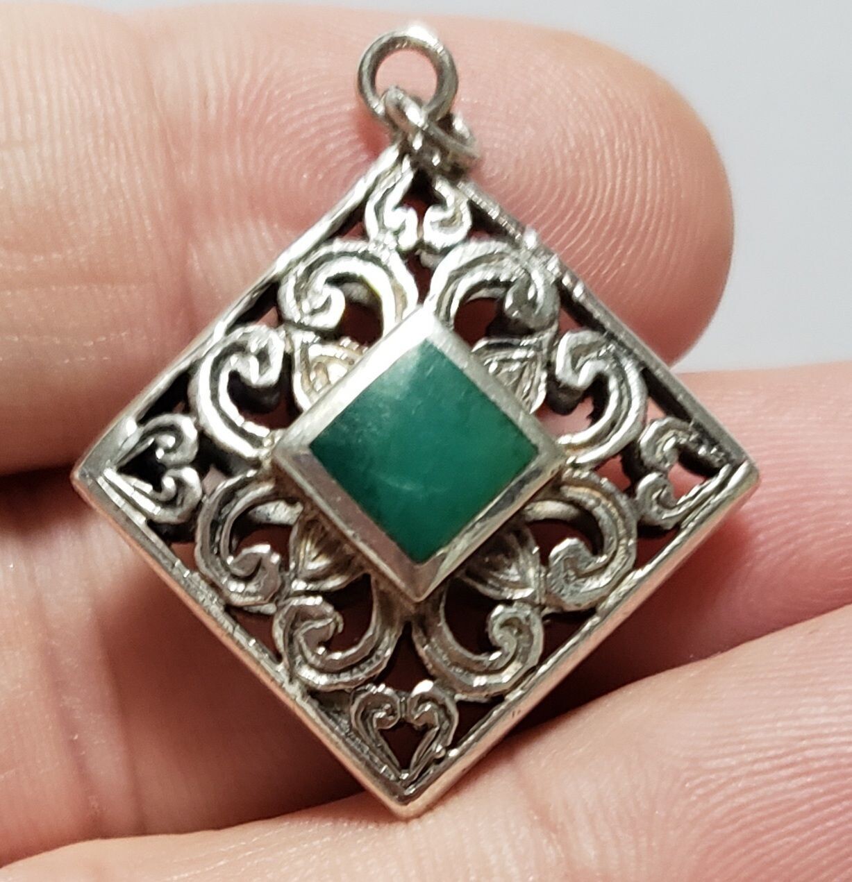 Hand Engraved Double Sided Sterling Silver Filigree Malachite Pendant Reversible