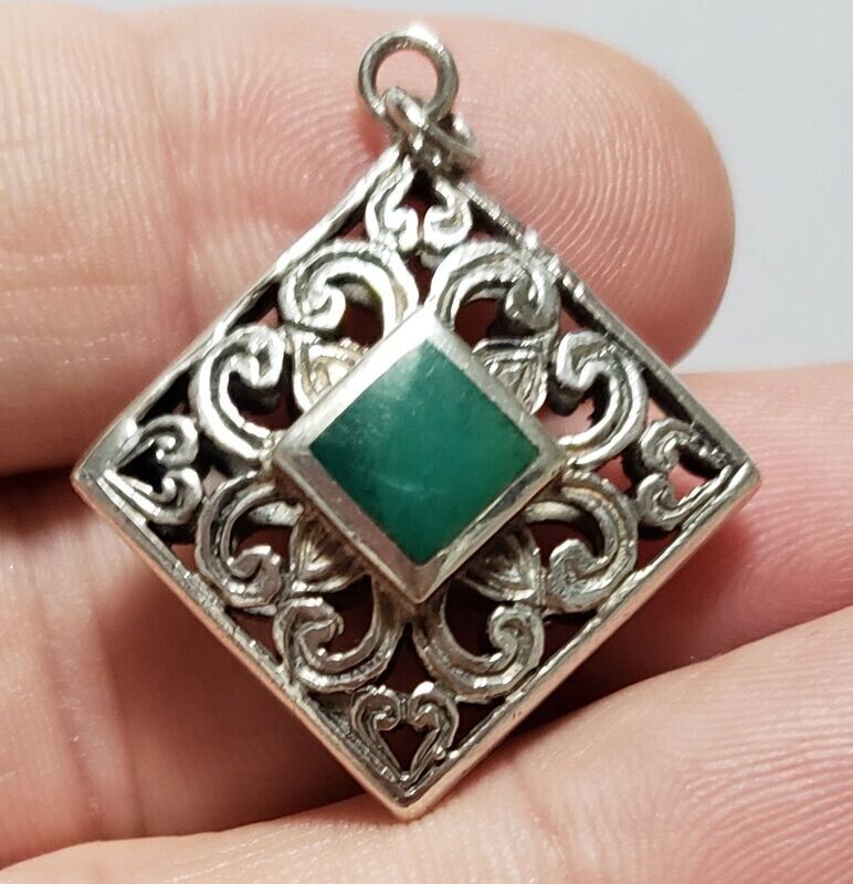 Hand Engraved Double Sided Sterling Silver Filigree Malachite Pendant Reversible