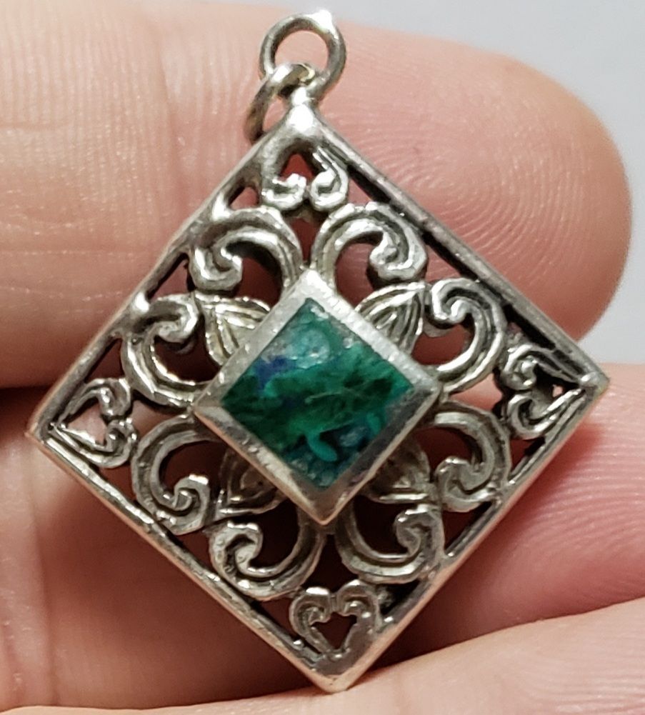Hand Engraved Double Sided Sterling Silver Filigree Malachite Pendant Reversible
