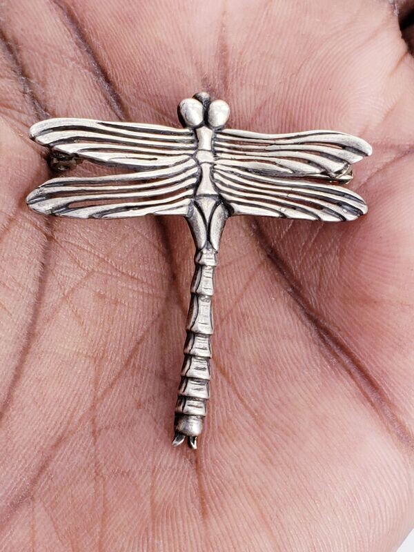Vintage Hand Engraved & Carved Dragonfly Brooch Pin