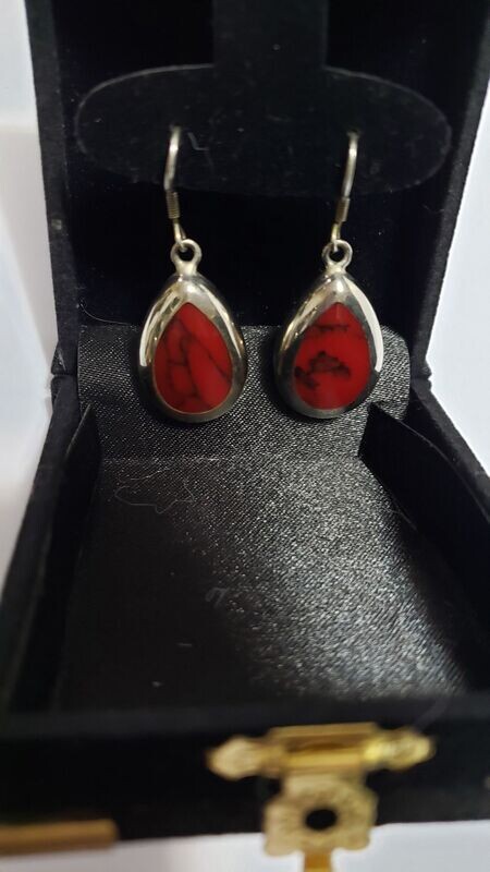 Estate Vintage Signed Sterling Silver Red and Black Enamel Dangle Earrings.