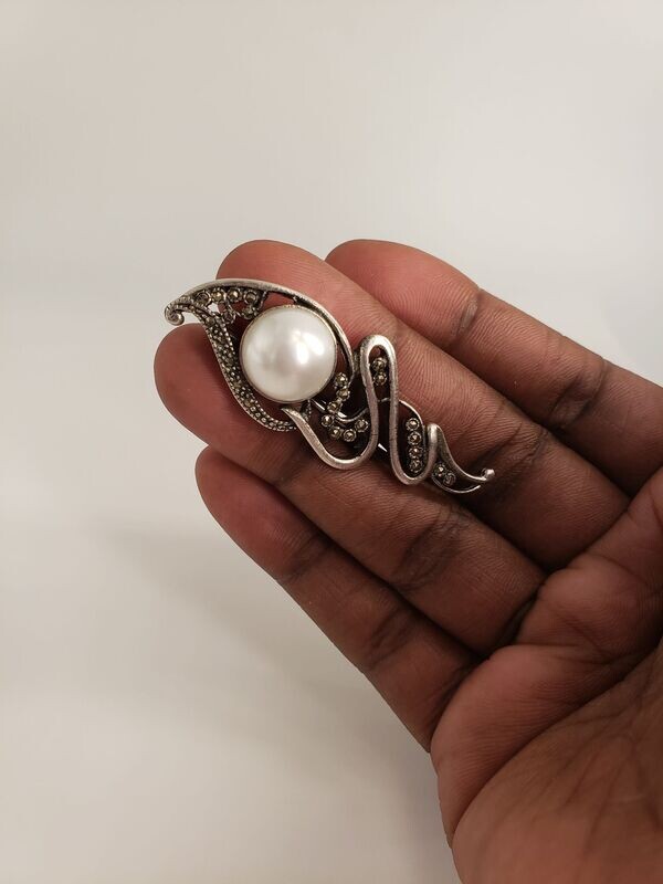 Hand Made Art Nouveau Style Sterling Silver Mabe Pearl & Marcasite Brooch Pin