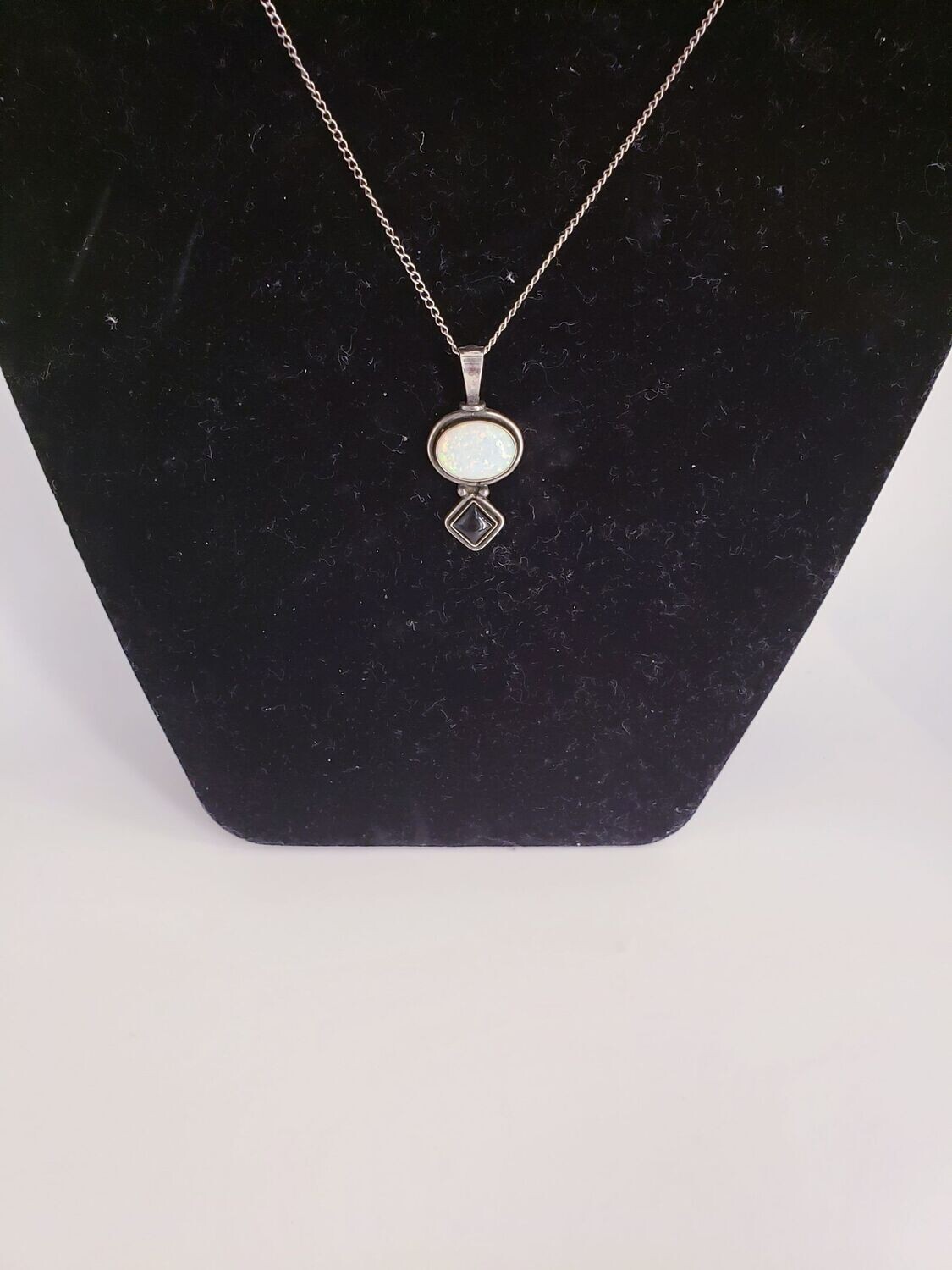 Vintage Sterling Silver Vivid White Opal & Black Onyx Pendant