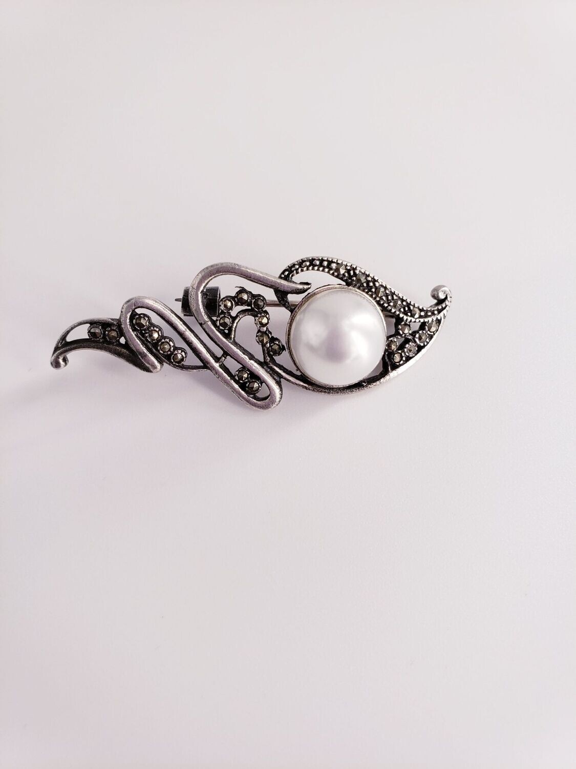 Hand Made Art Nouveau Style Sterling Silver Mabe Pearl & Marcasite Brooch Pin