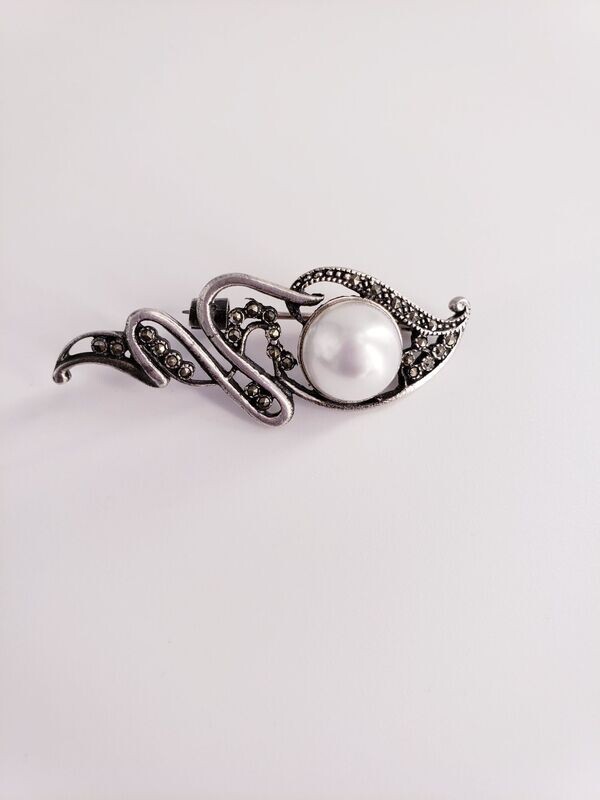 Hand Made Art Nouveau Style Sterling Silver Mabe Pearl & Marcasite Brooch Pin