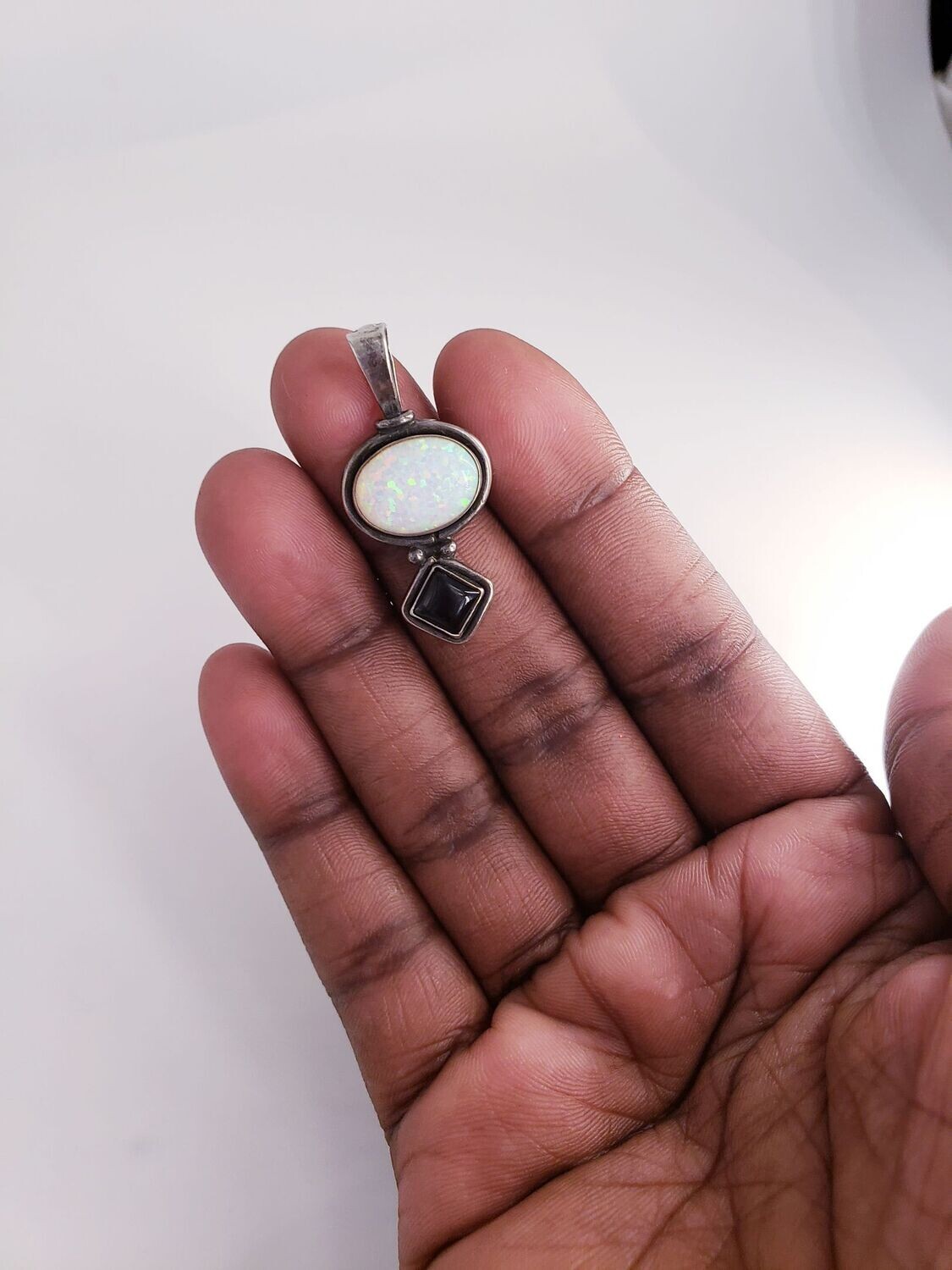 Vintage Sterling Silver Vivid White Opal & Black Onyx Pendant