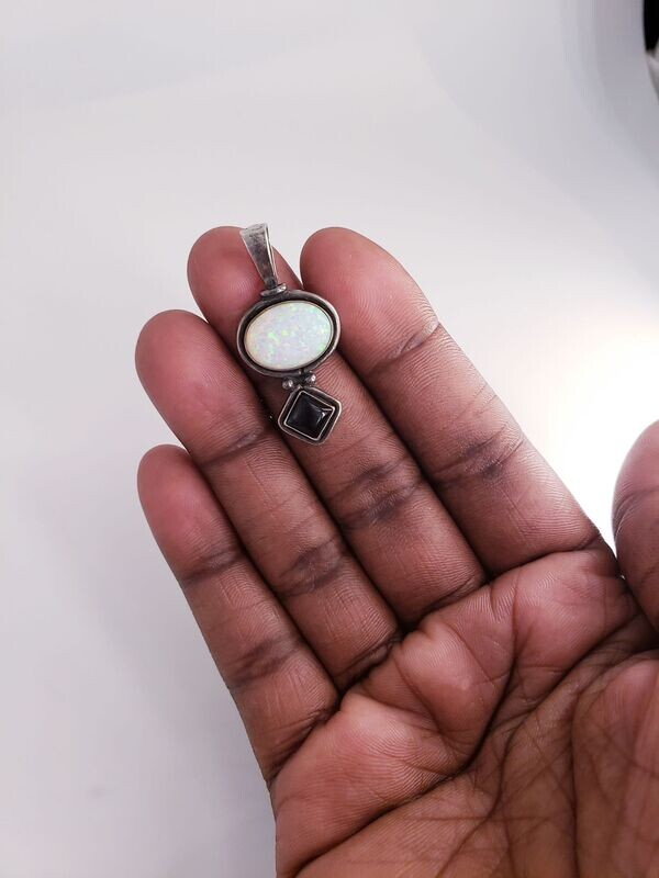 Vintage Sterling Silver Vivid White Opal & Black Onyx Pendant