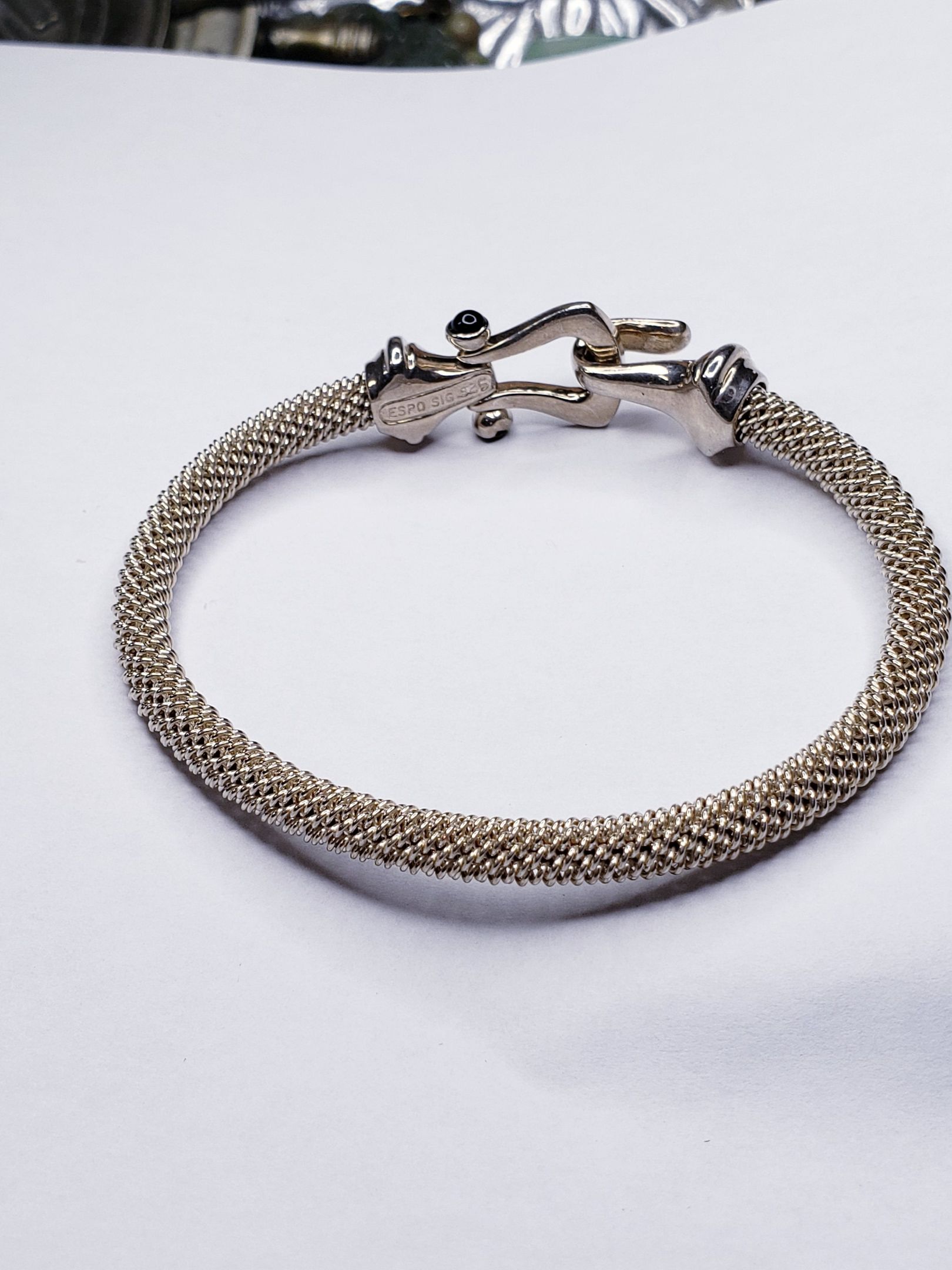 Vintage Designer Joseph Esposito SIGNED Sterling Silver Flexible Hook Mesh Bangle Bracelet with Black Onyx Cabochons