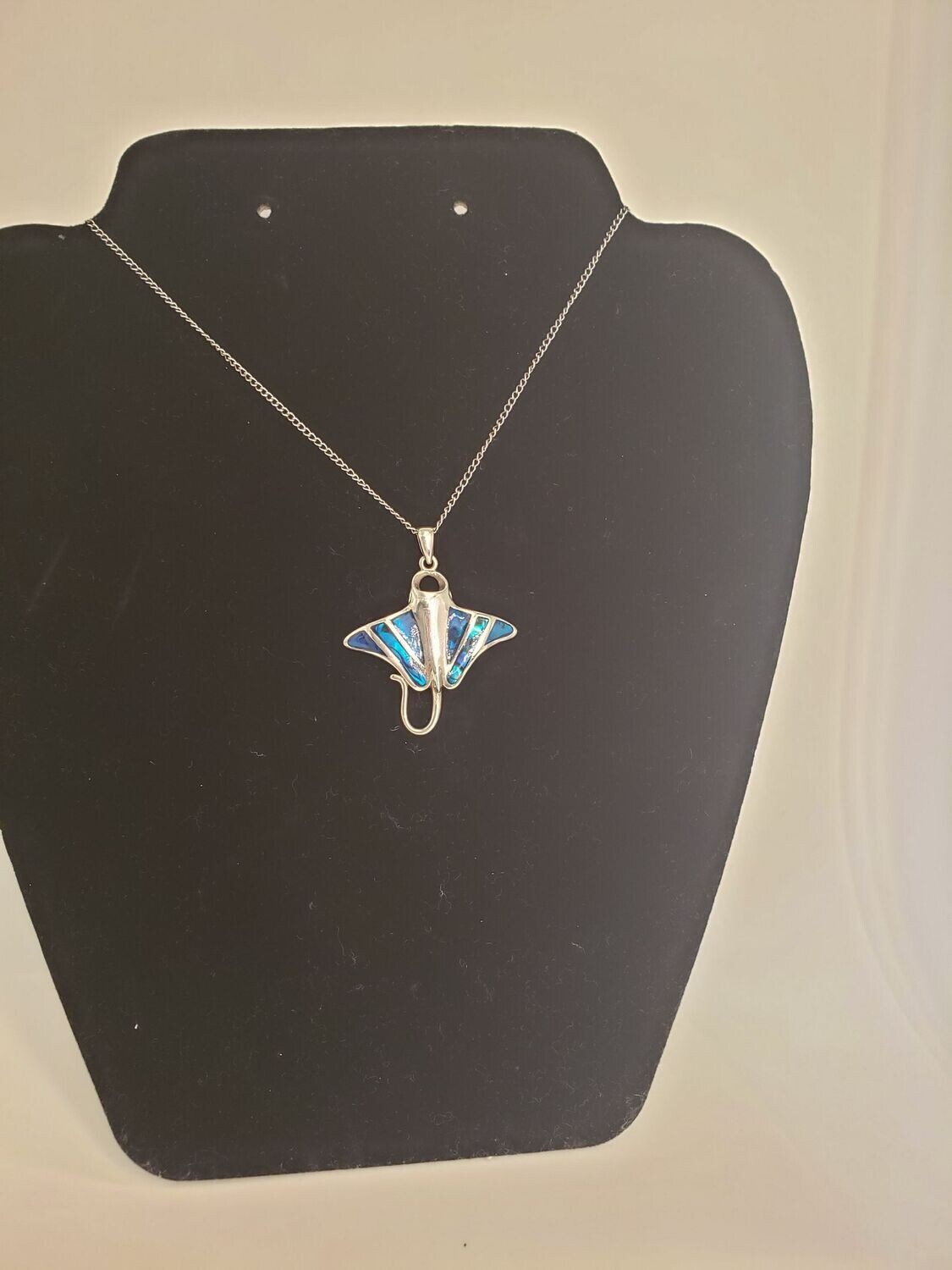 3 Dimensional Carved Sterling Silver Black Opal Inlay Manta Ray Pendant