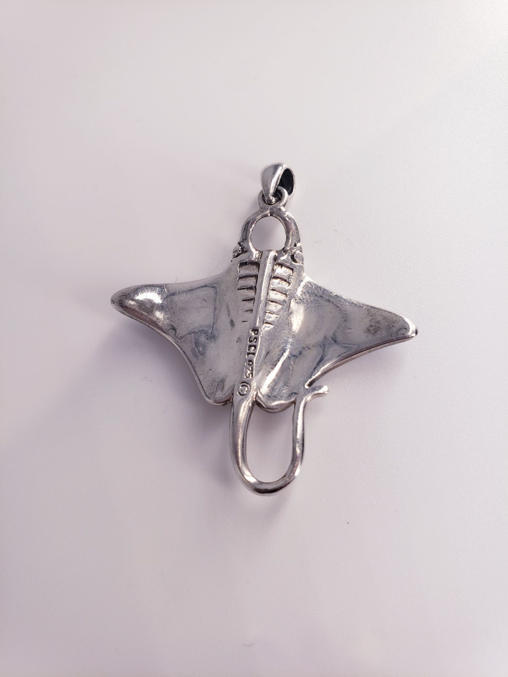 3 Dimensional Carved Sterling Silver Black Opal Inlay Manta Ray Pendant