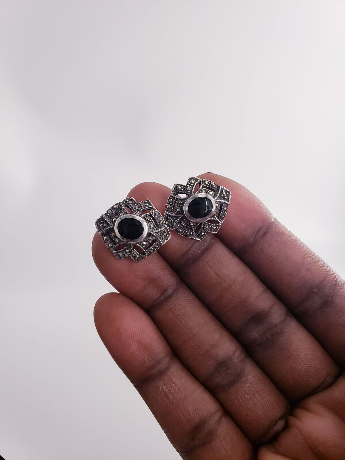 Fancy Estate Vintage Sterling Silver Onyx & Marcasite Button Style Earrings