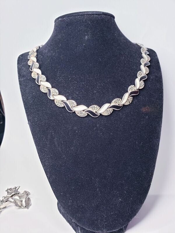 Vintage Black Onyx & Mother Of Pearl Sterling Silver Marcasite Panel Necklace 18"