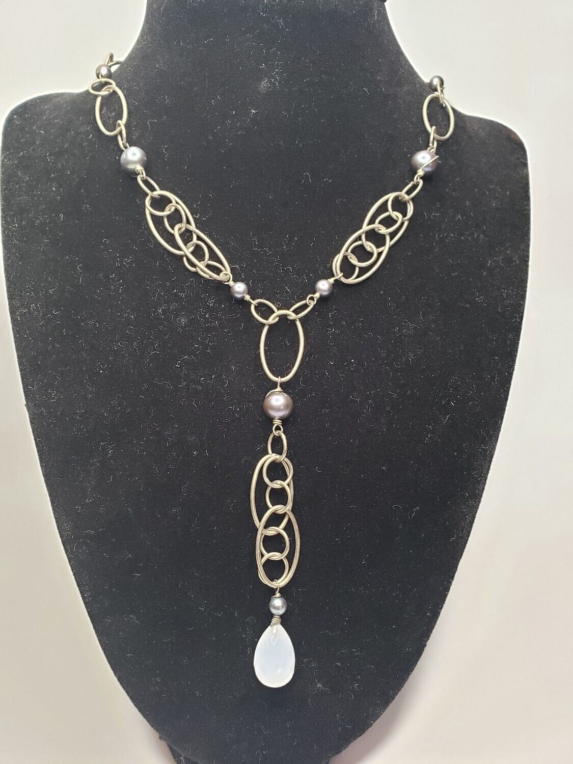 Handmade Genuine Pearl & Labradorite Sterling Silver Fancy Link Necklace 24"