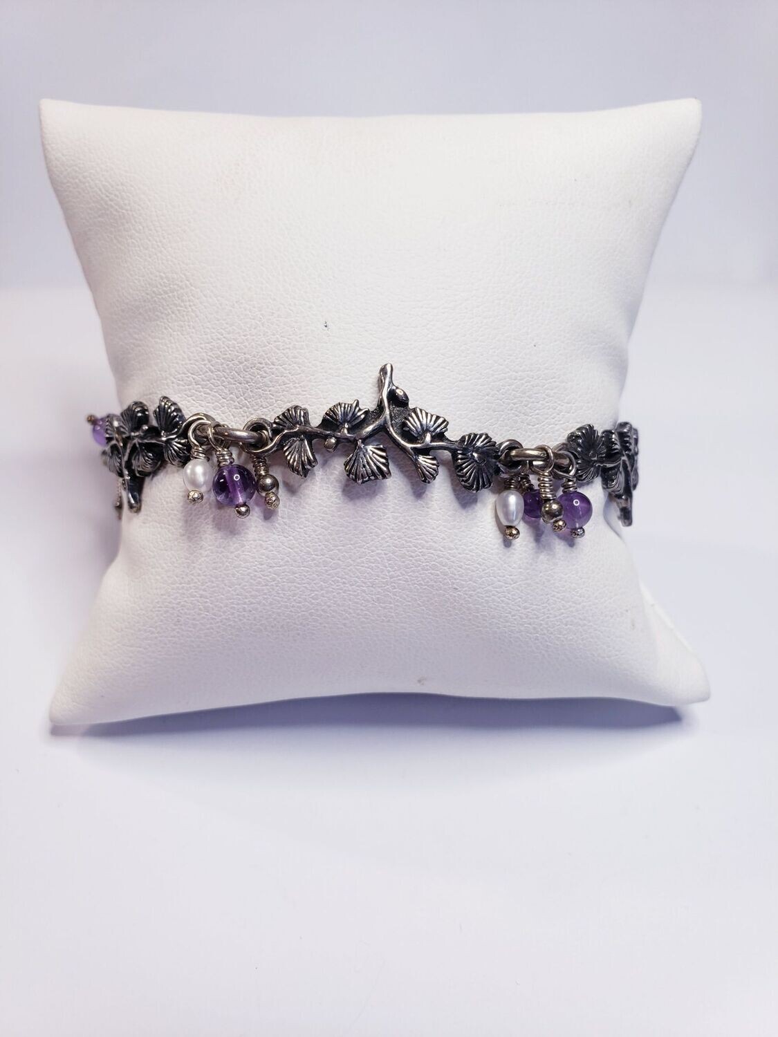 Fancy Floral Panel Bracelet w Amethyst Pearl and a Heart Shaped Lock Sterling Silver  7"