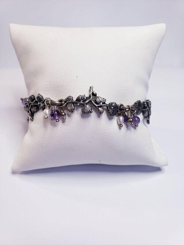 Fancy Floral Panel Bracelet w Amethyst Pearl and a Heart Shaped Lock Sterling Silver  7"