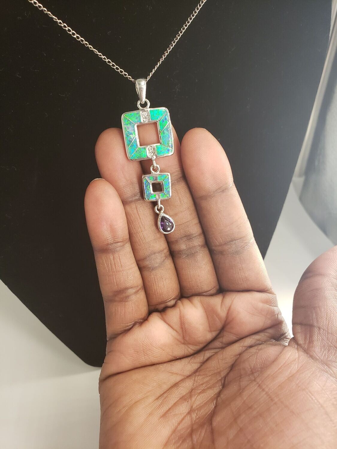 Vintage Geometric Design Vivid Black Opal & Amethyst Sterling Silver Slide Pendant