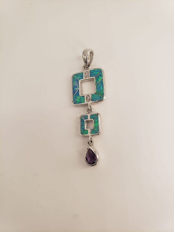 Vintage Geometric Design Vivid Black Opal & Amethyst Sterling Silver Slide Pendant