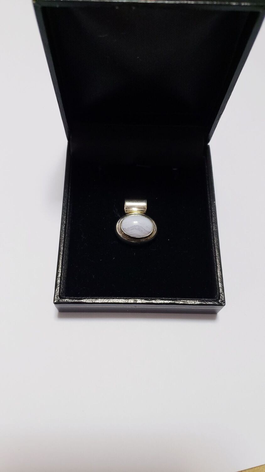 Vintage Sterling Silver Banded Agate Oval Slide Pendant