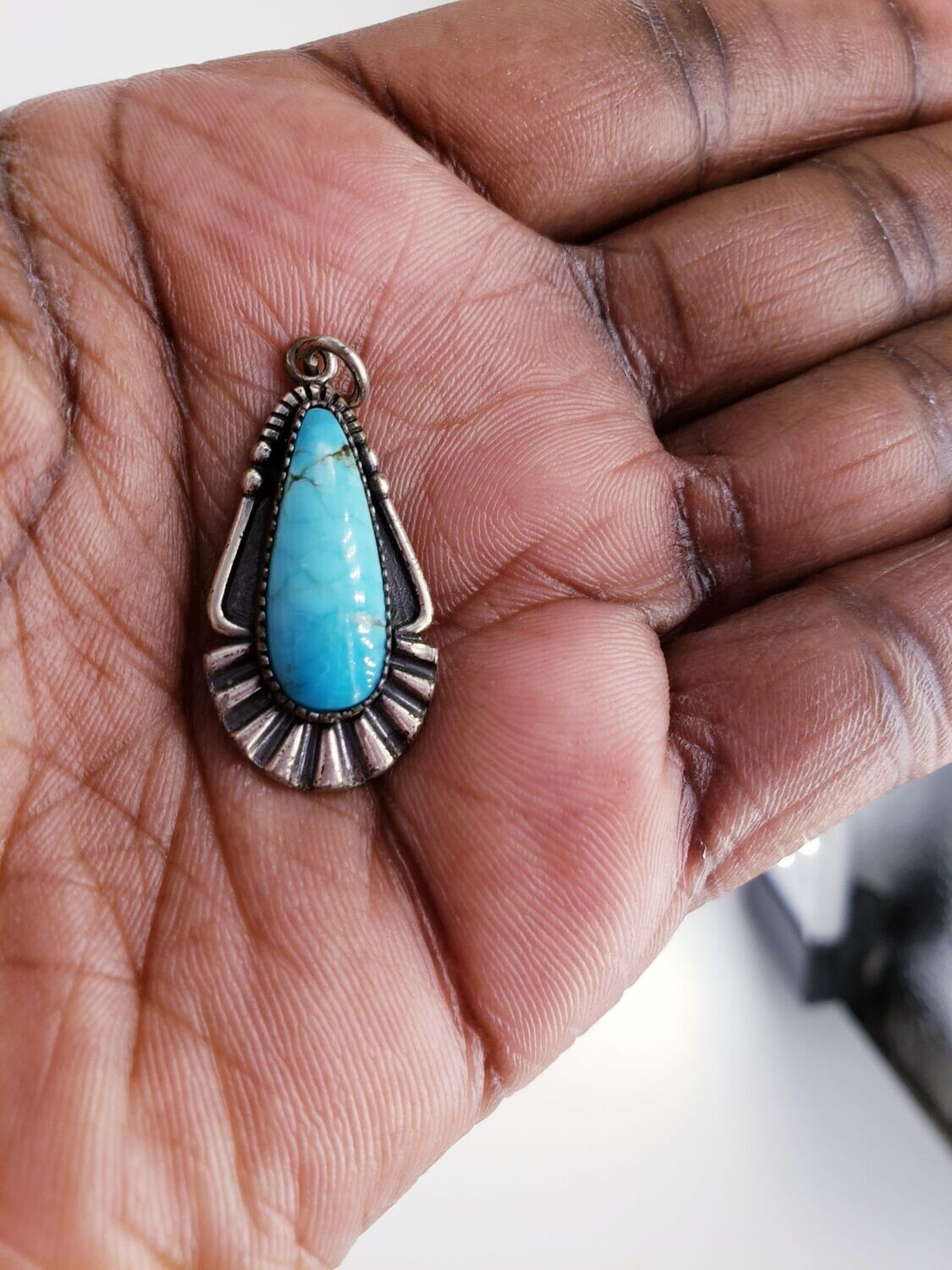 Vintage Hand Made Genuine Native American  Zuni Sterling Silver Turquoise Cabochon Pendant